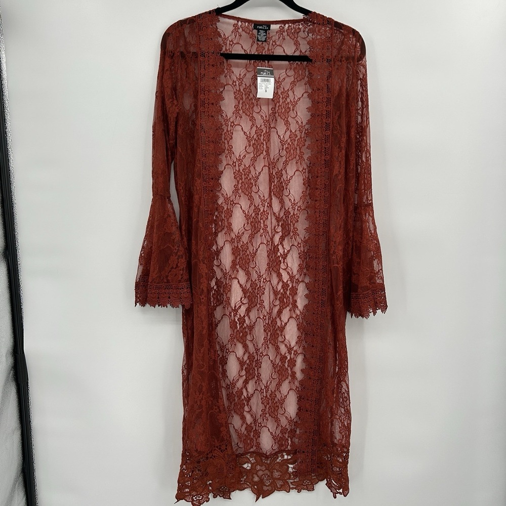 Rue 21 Sheer Lace Embroidred Duster Cardigan Sz S Boho Fairy Grunge Bell Sleeve